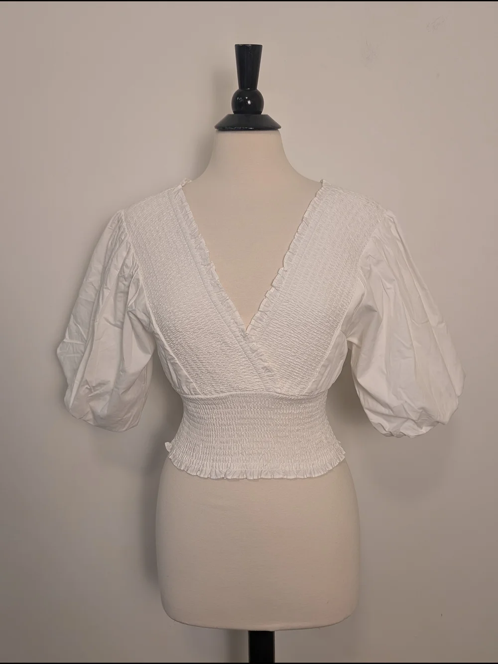 Abercrombie And Fitch White Smocked Wrap-Front Puff Sleeve Top Women's Size Smal